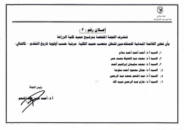 6 مرشحين علي منصب عميد زراعة سوهاج