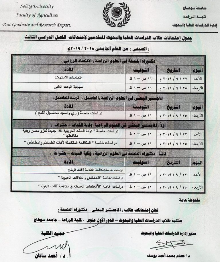 جدول امتحانات الدراسات العليا المتقدمين لامتحانات الفصل الدراسى الثالث ( الصيفى )